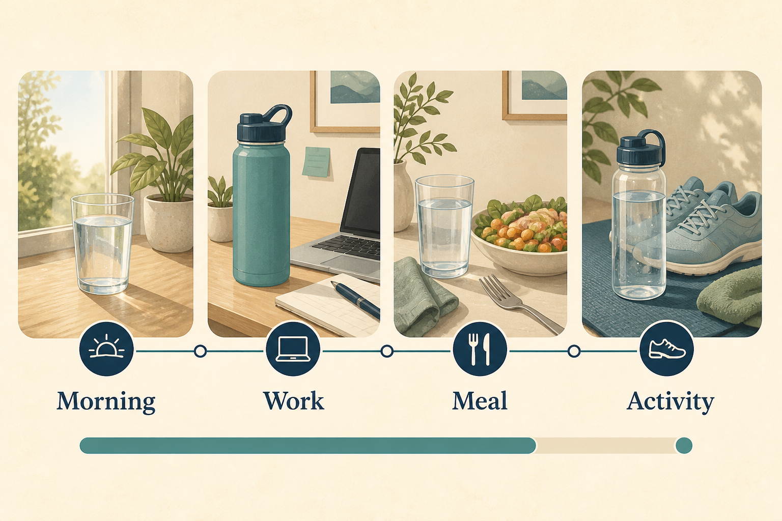 Four daily hydration checkpoints labeled Morning, Work, Meal, and Activity
