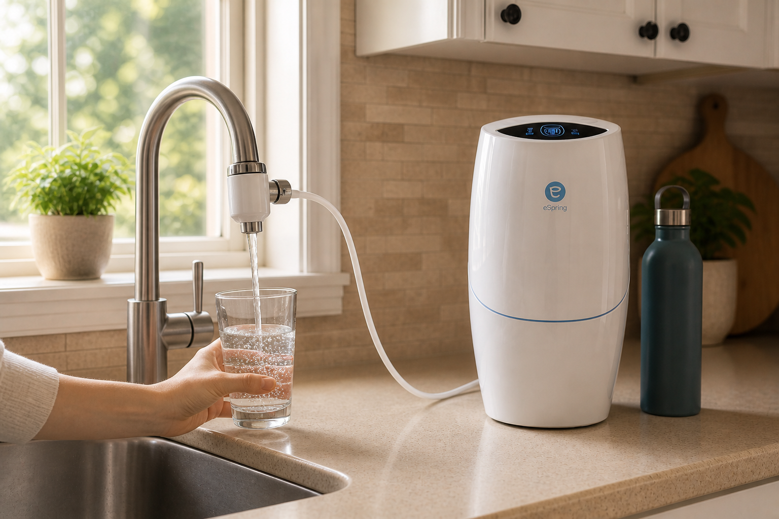 An eSpring countertop purifier connected to a faucet diverter as water flows into a drinking glass