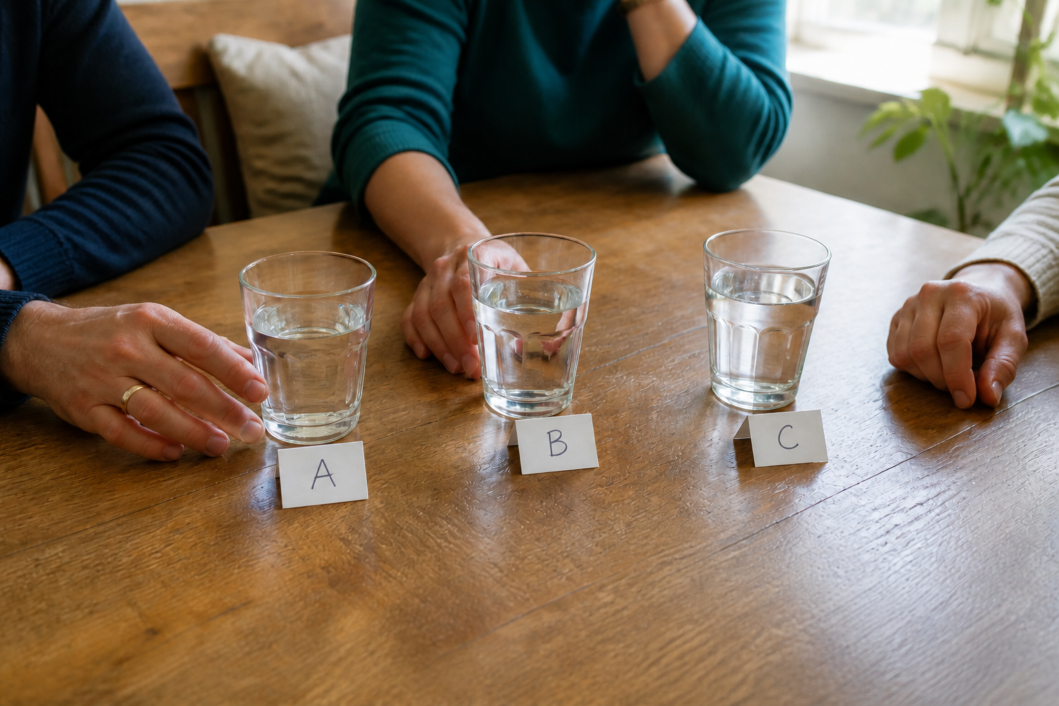 Three identical glasses labeled A, B, and C arranged for an informal blind water taste comparison among friends