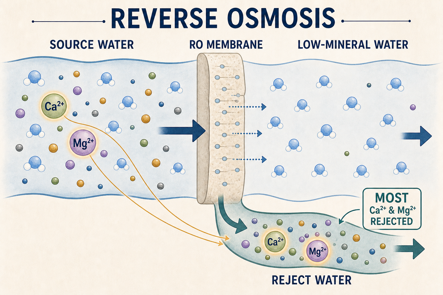 Diagram showing source water crossing an RO membrane, with most calcium and magnesium ions leaving through the reject-water stream