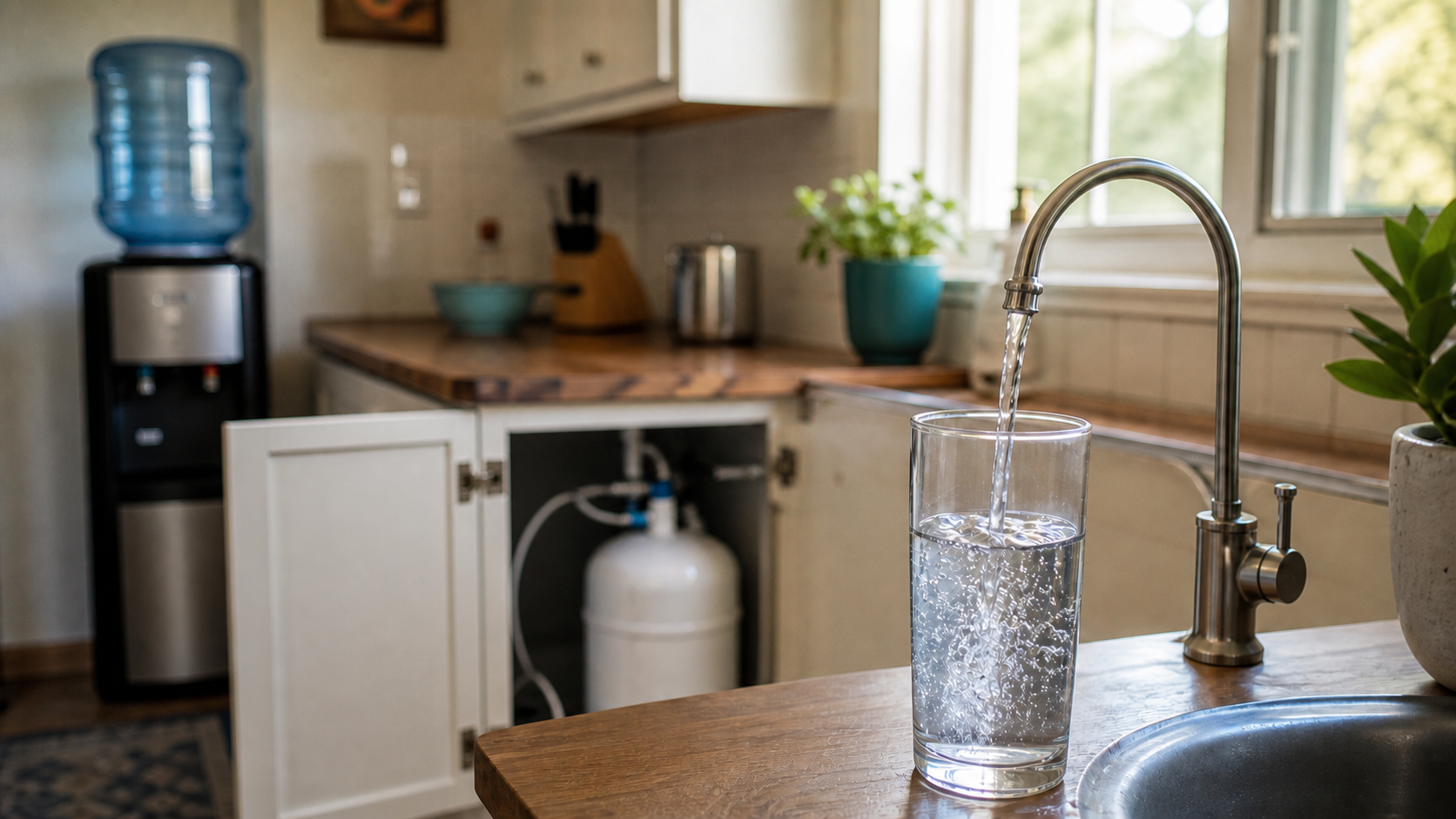Kitchen with a five-gallon water dispenser, an open cabinet showing a reverse-osmosis tank, and a glass filling at the sink