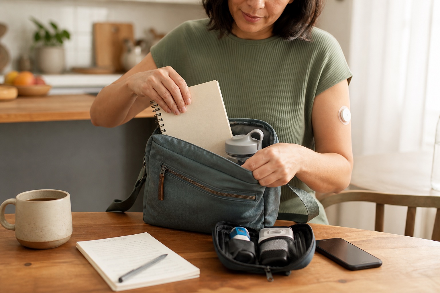 A person packs a notebook, phone, water bottle, and medical supply pouch for an everyday health routine