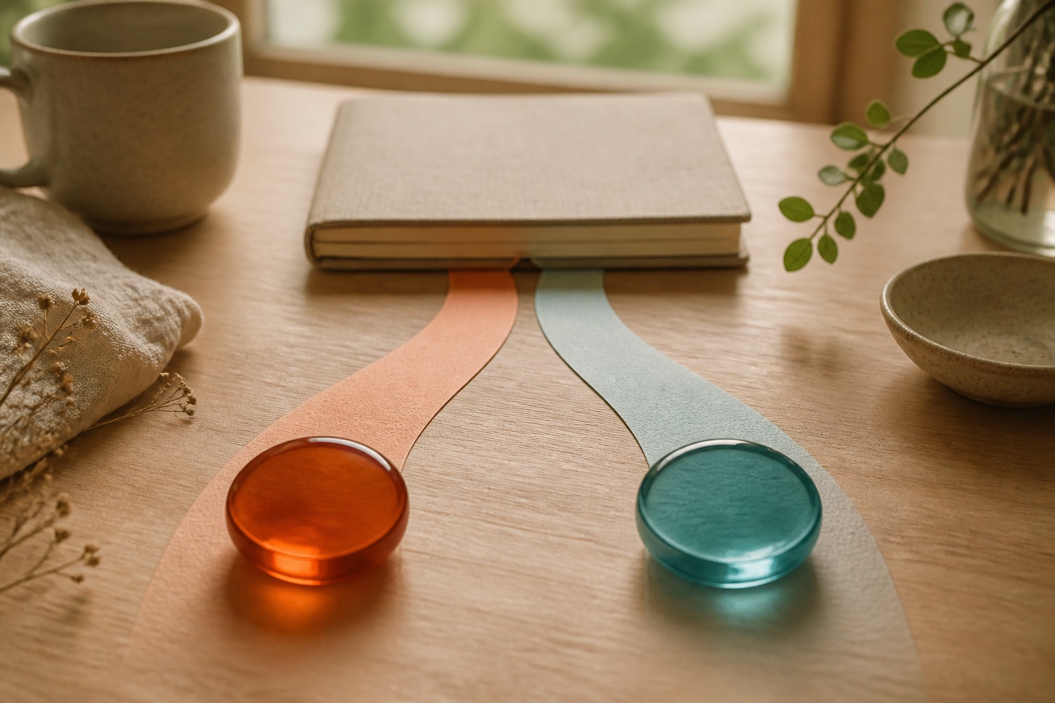 Two softly colored signals follow separate paths toward one notebook, representing glucose and ketones interpreted together