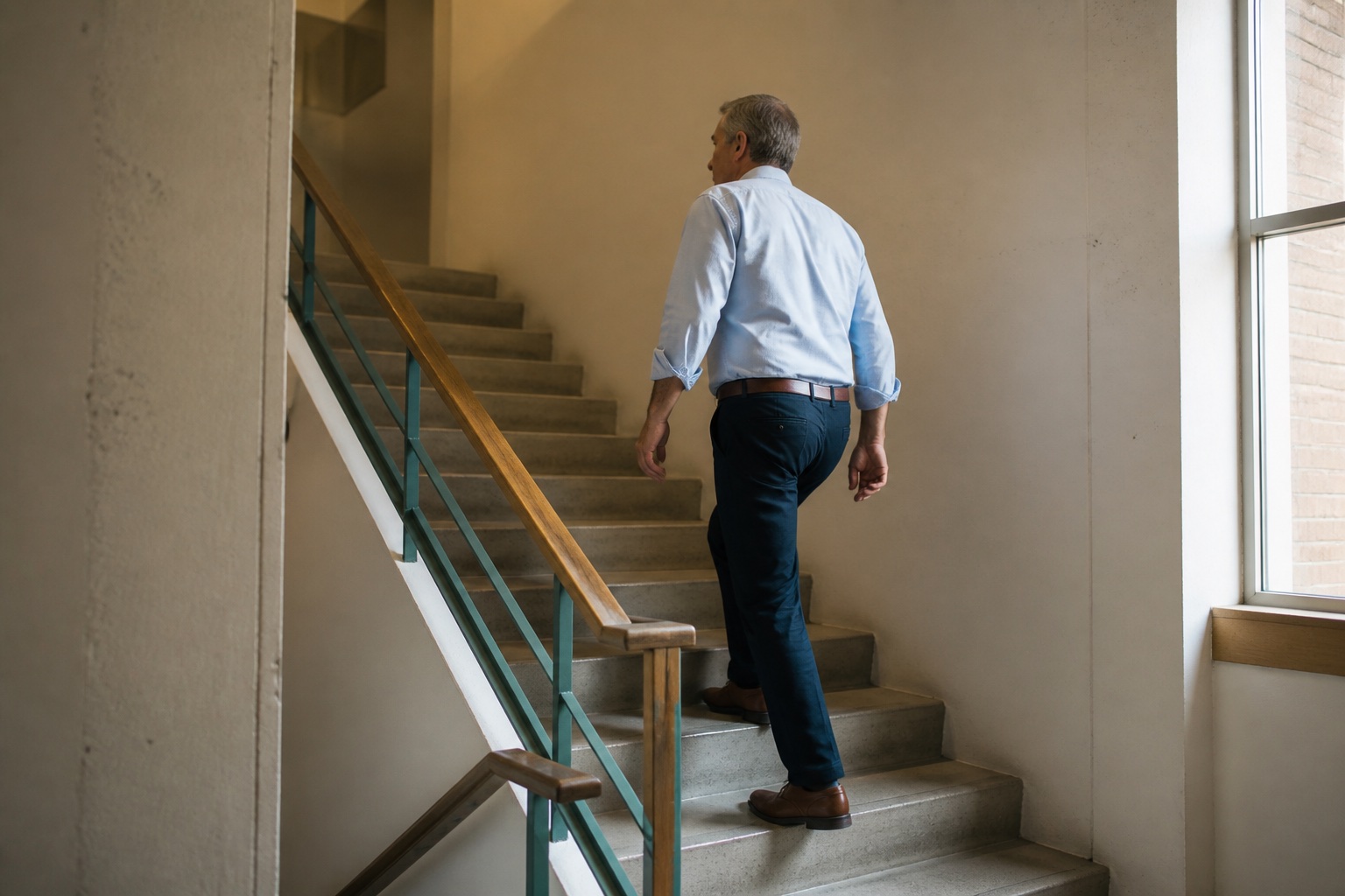 An adult in everyday work clothes climbs an indoor office stairwell while holding the handrail lightly