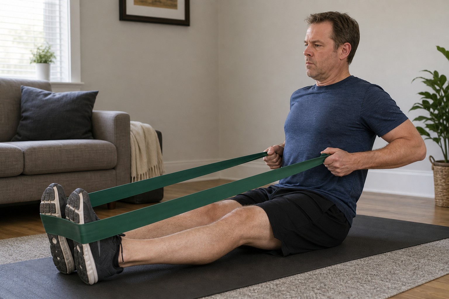 A man seated on an exercise mat pulls a long green loop resistance band from his feet toward his torso