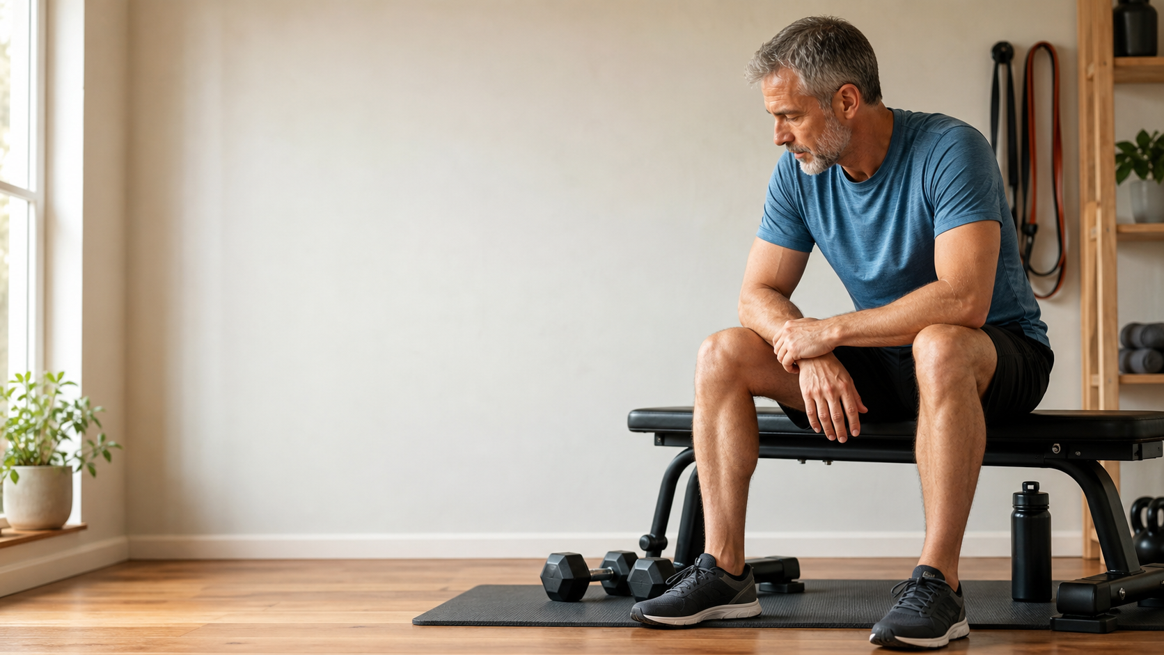An adult in his fifties pausing on a workout bench after strength training at home