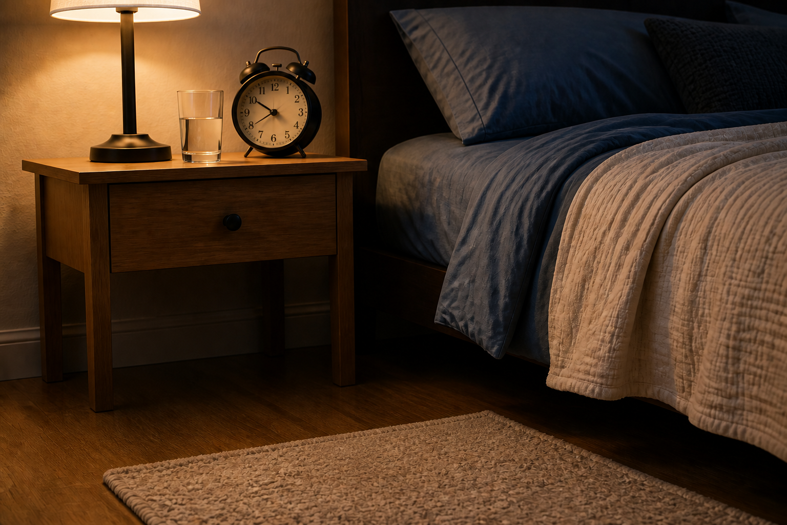 A quiet bedroom with warm evening light, a glass of water, and an alarm clock