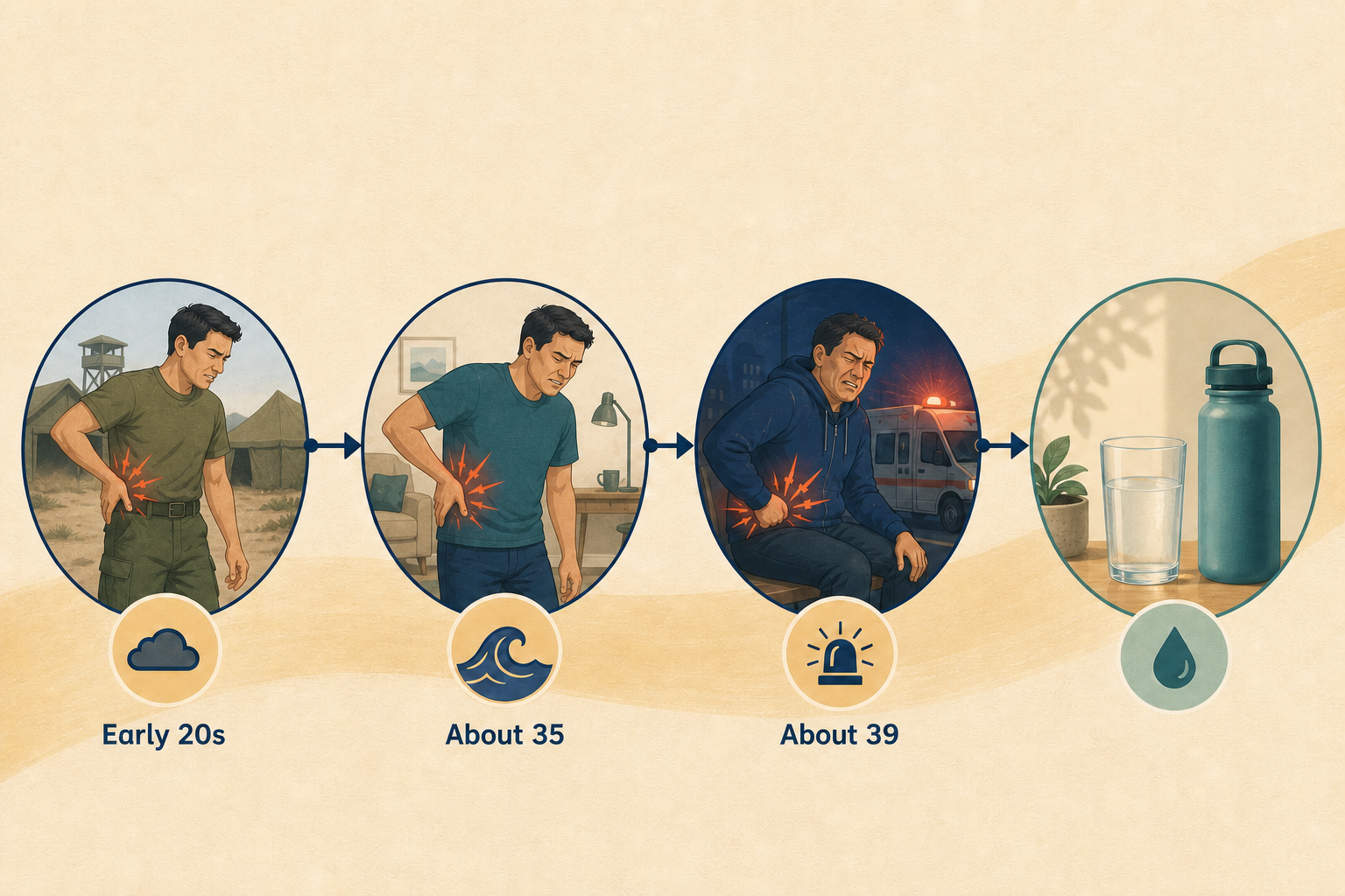 Timeline of kidney-stone episodes during military service, around age 35, and around age 39