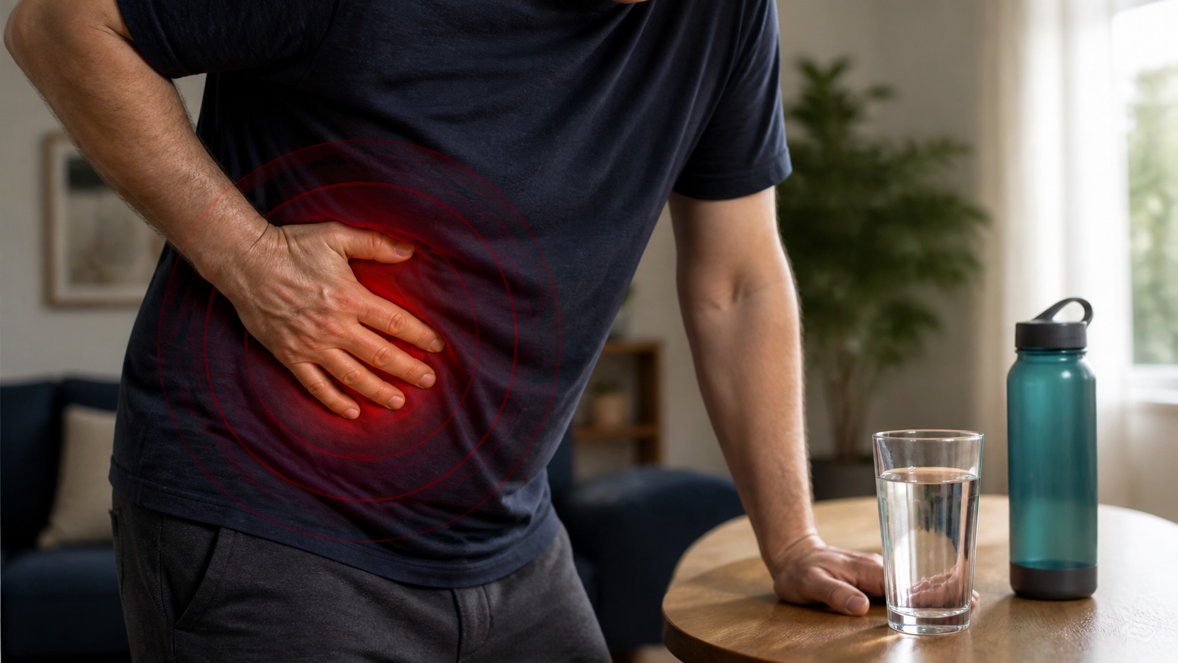 An adult clutching their side during severe kidney-stone pain beside a glass of water