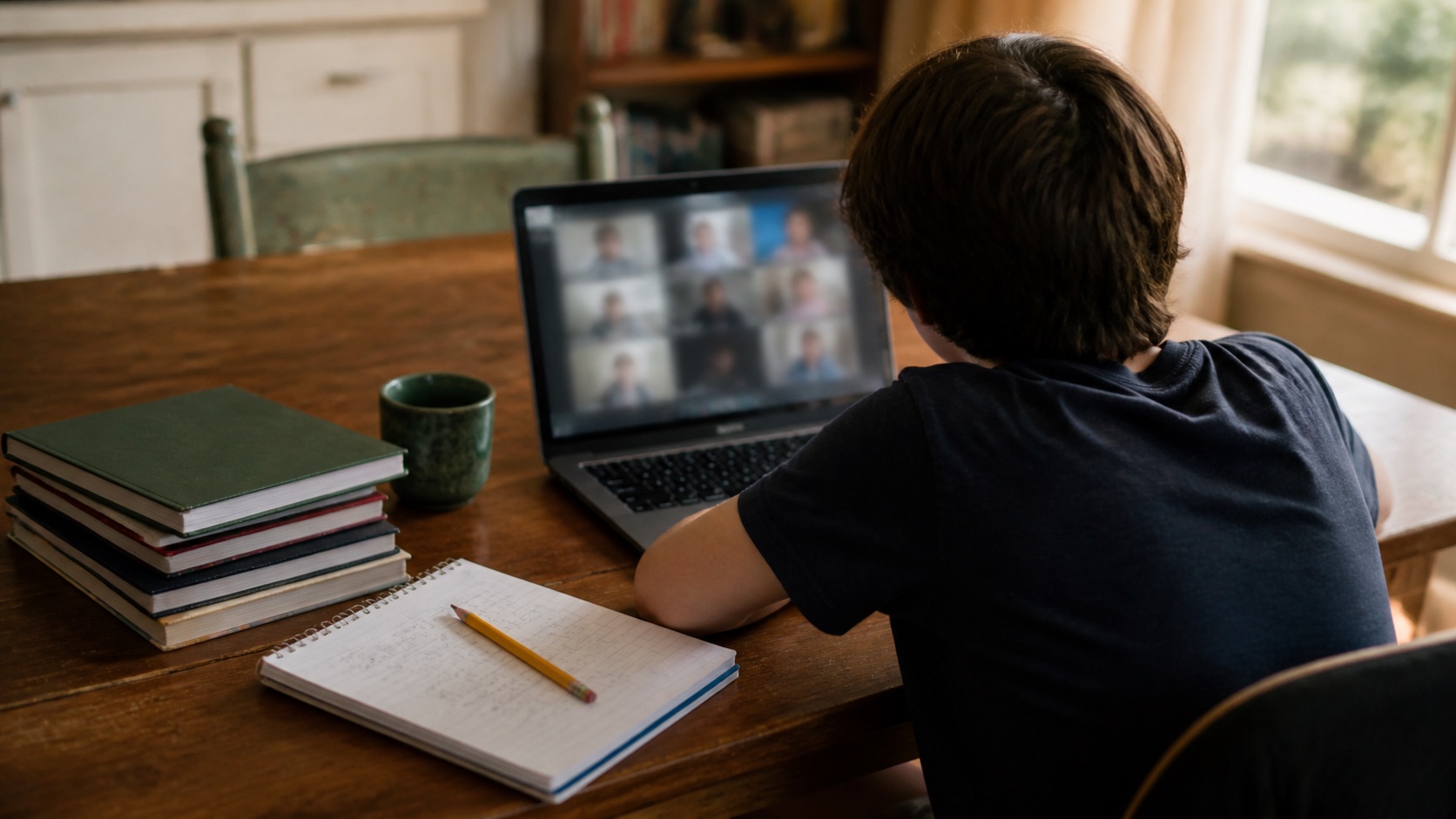 A student seen from behind attending an online group session at a dining table, with closed workbooks and a math notebook nearby.