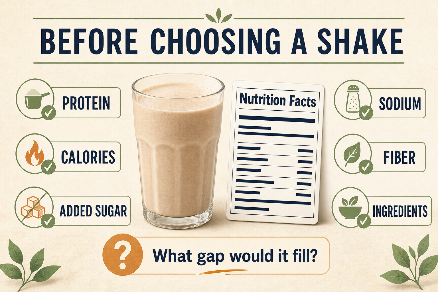 A checklist of protein, calories, added sugar, sodium, fiber, and ingredients to review before choosing a shake.