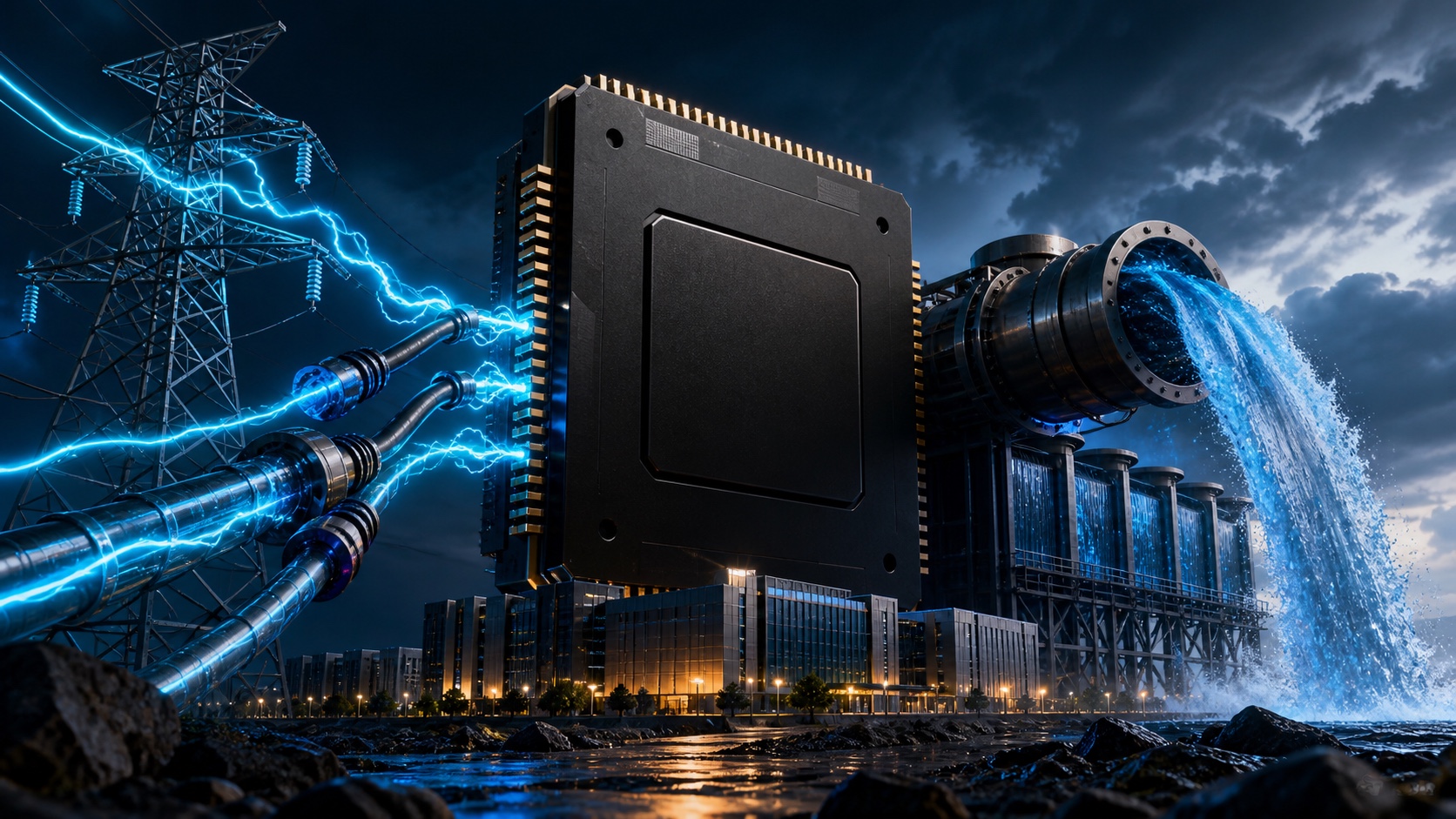 A massive AI chip drawing electricity from transmission lines and water into cooling infrastructure