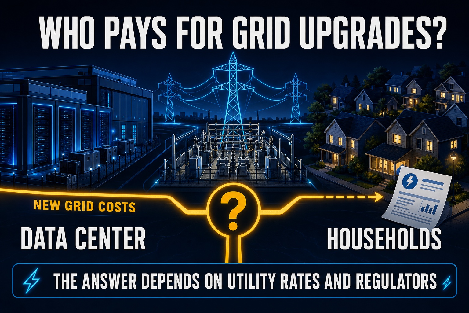 Infographic asking whether data centers or households pay for new grid upgrades, with a substation between them