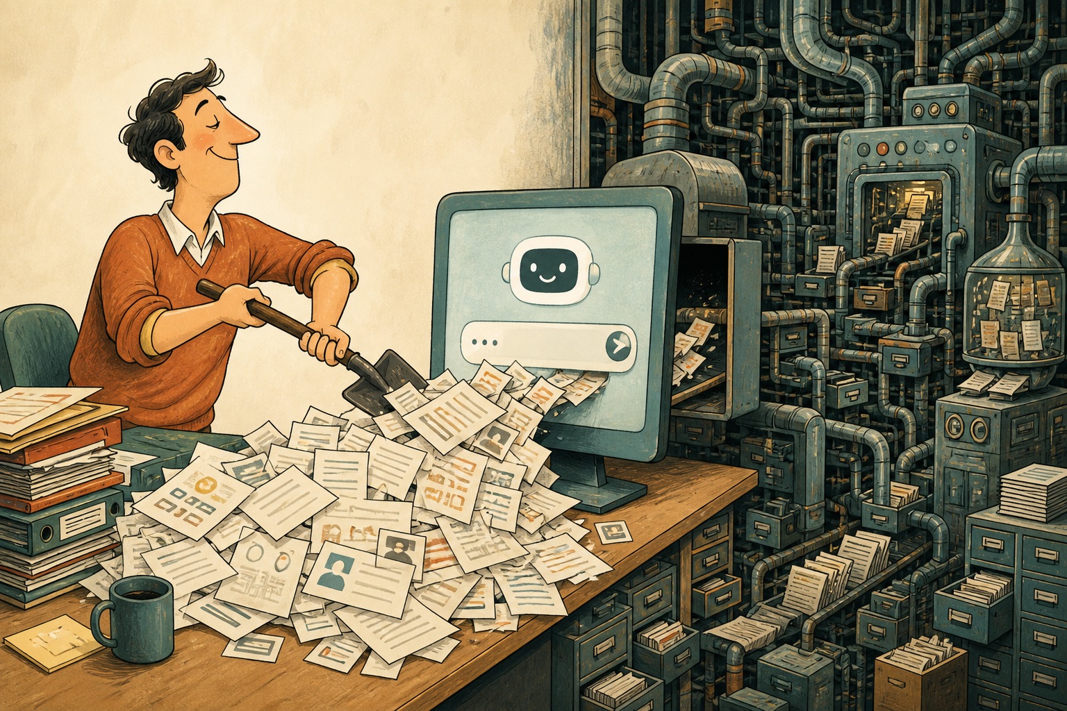 Editorial cartoon of a person shoveling personal documents into a chatbot connected to hidden pipes and storage systems