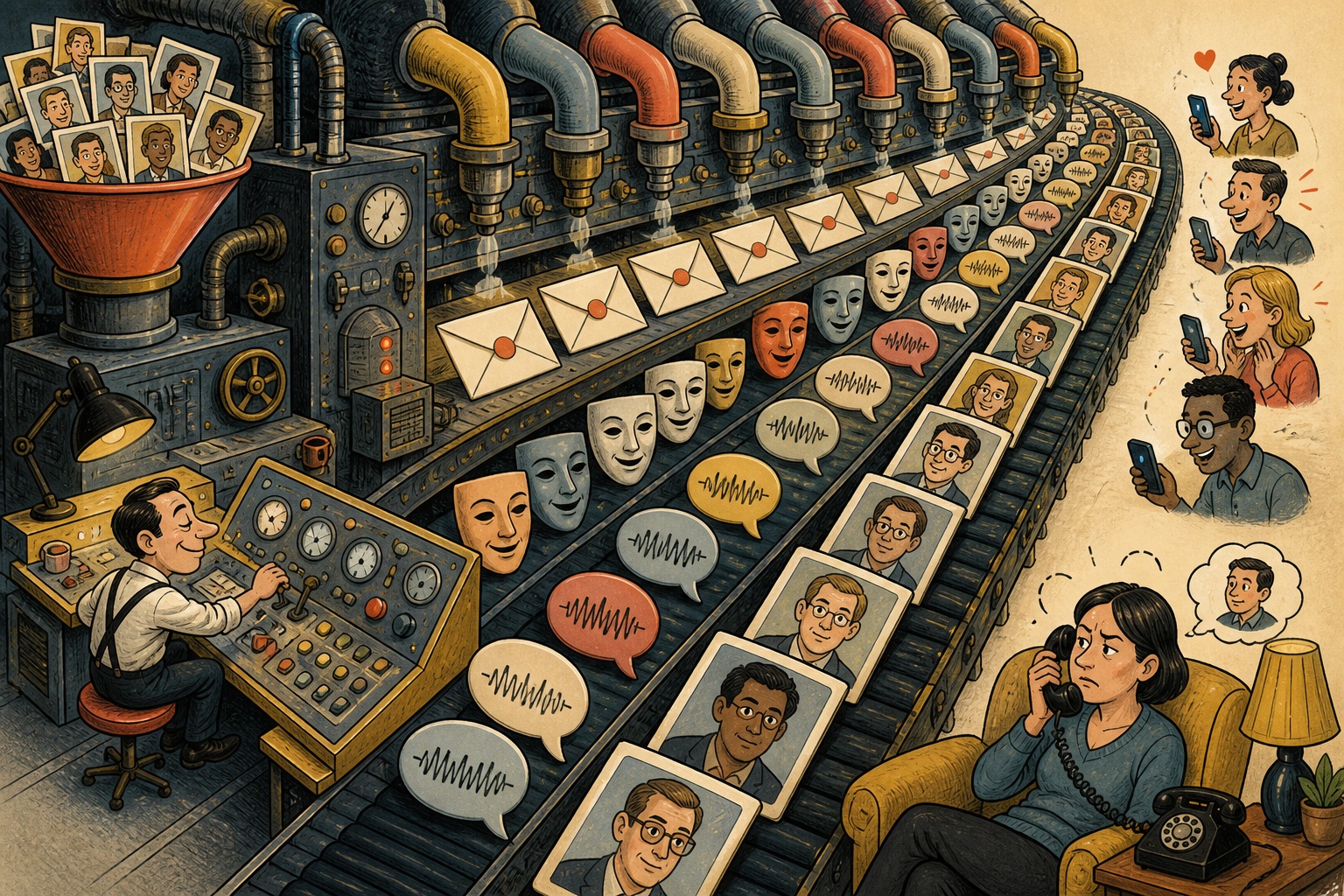 Editorial cartoon of a factory producing fake profiles, voice messages, masks, and envelopes while one recipient verifies by phone