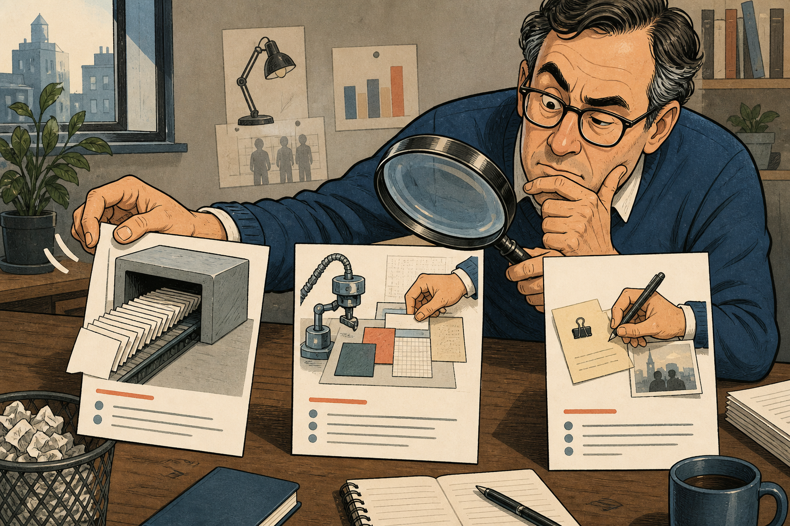 An editor compares mass-produced, mixed, and human-edited posts, illustrating why AI authorship is difficult to determine.