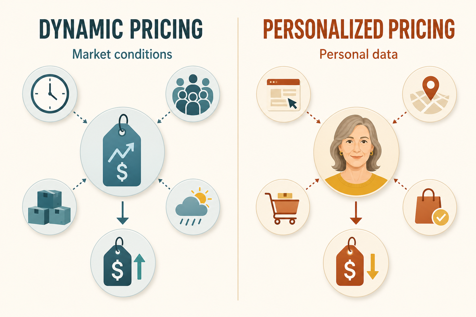 Dynamic pricing responds to market conditions, while personalized pricing uses information about a person or narrow group.