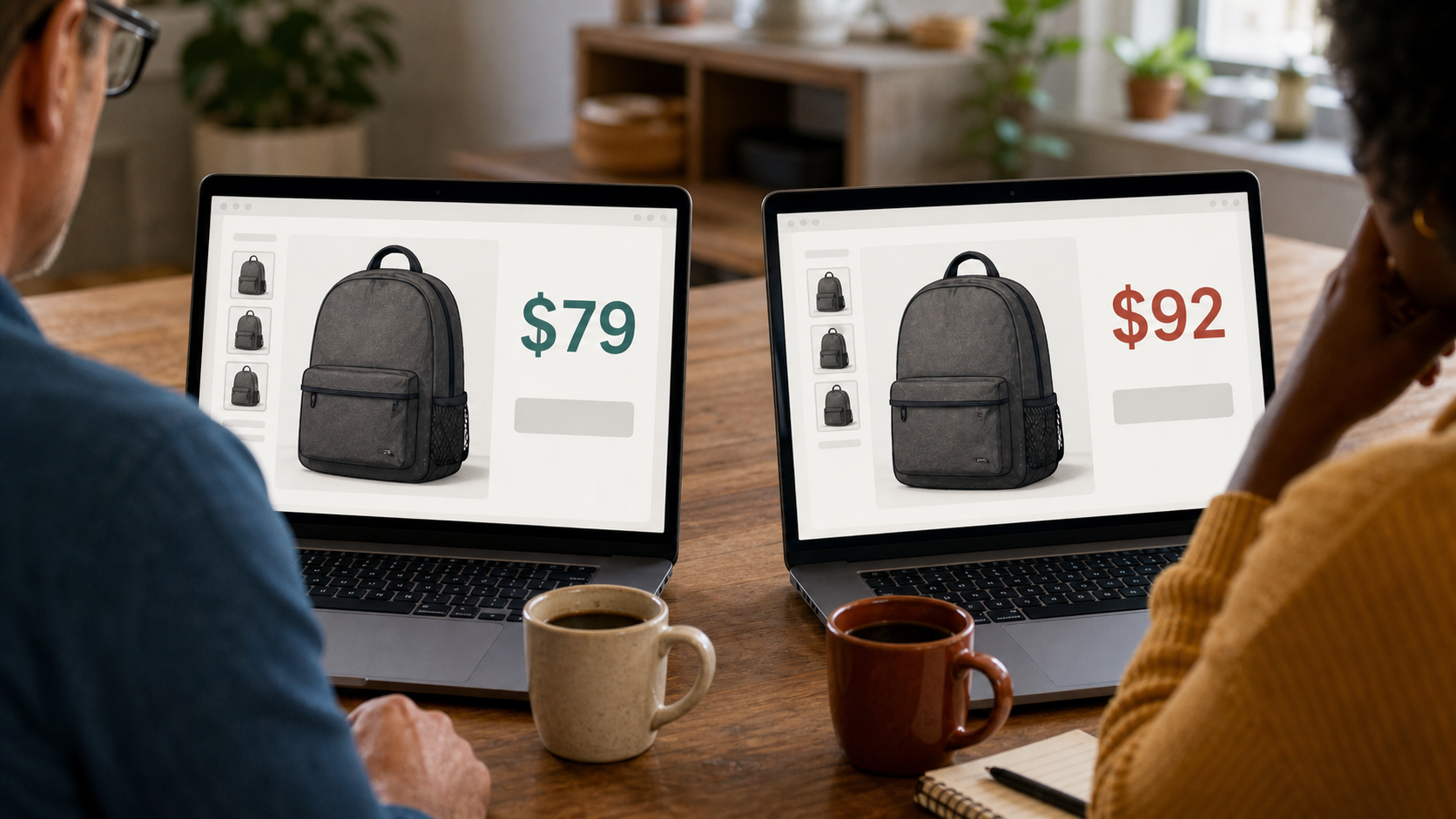 Two shoppers see the same backpack on separate laptops, priced at $79 for one and $92 for the other.