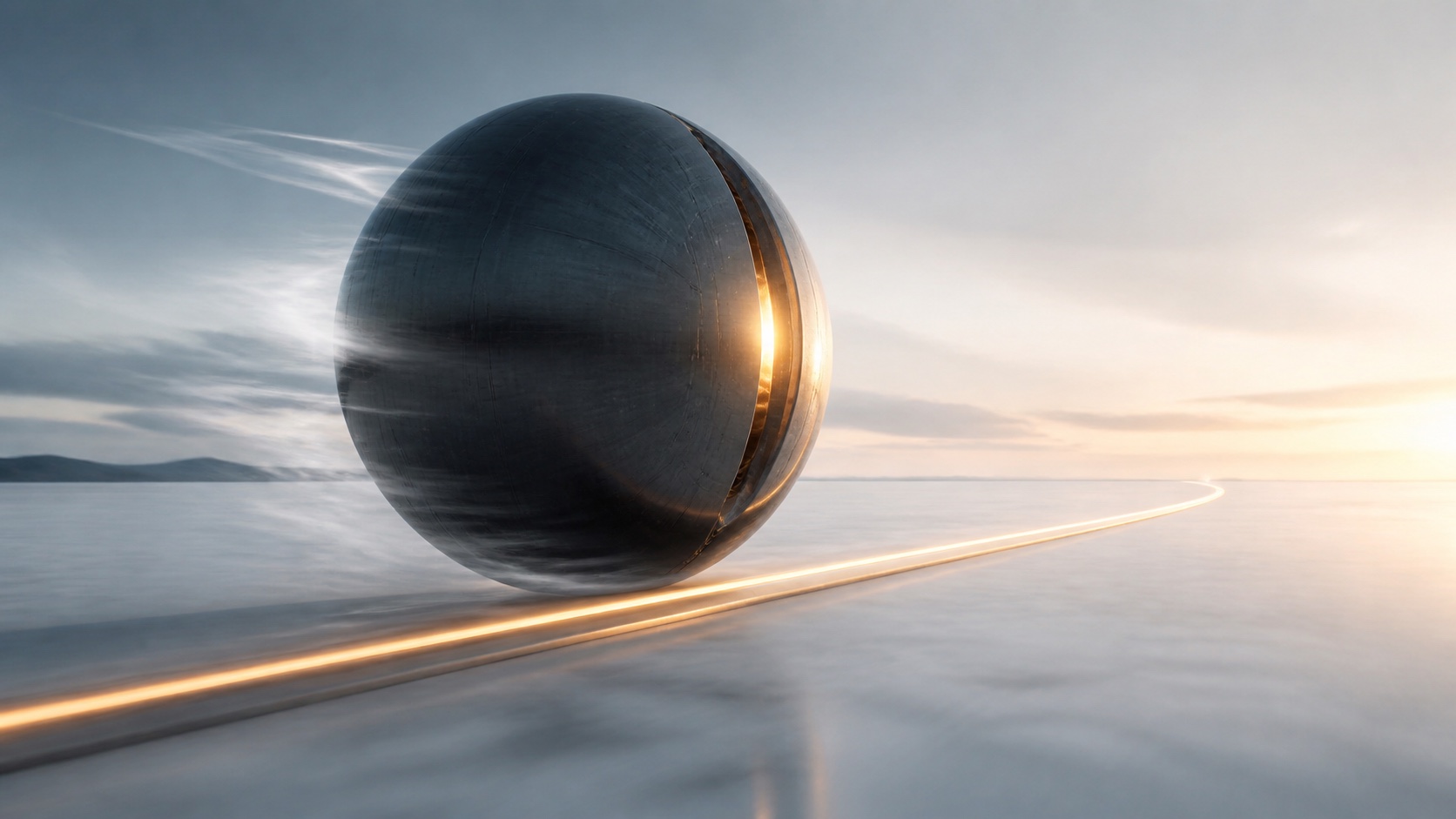 A monumental dark sphere moving quickly along a thin glowing track across an open landscape