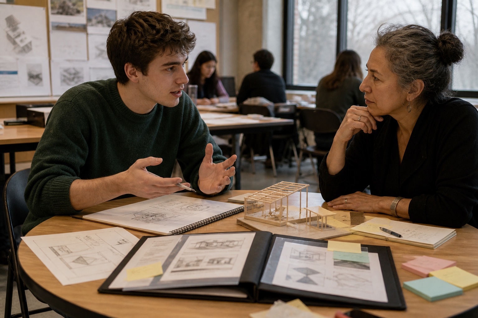 A student explains work at a seminar table while an instructor reviews a portfolio of drafts
