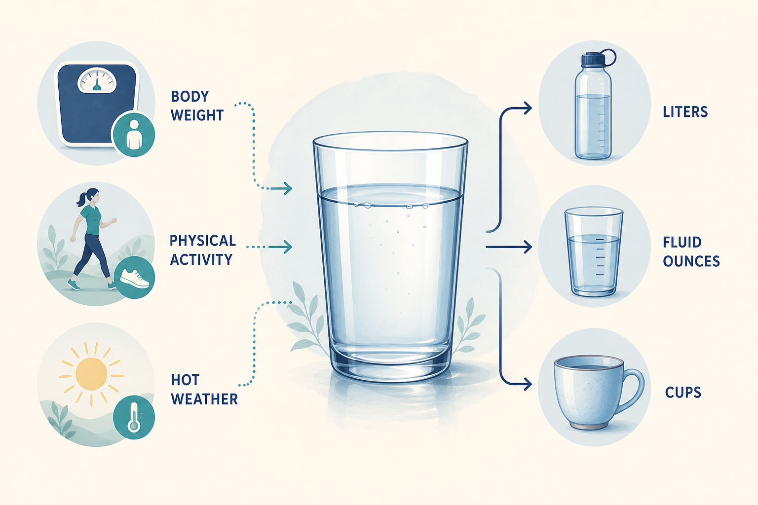 Infographic showing body weight, activity, and hot weather as water-planning considerations with liters, ounces, and cups