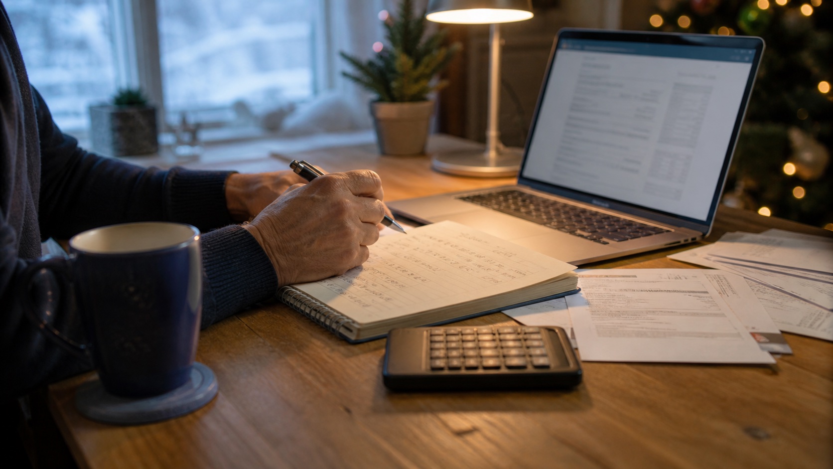 A person reviewing retirement plans at a home desk during winter