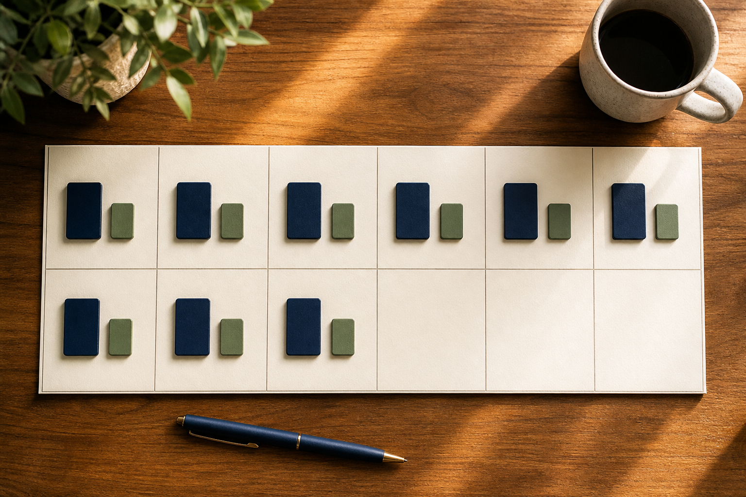 A yearly planner repeating the same navy and green investment tokens each month