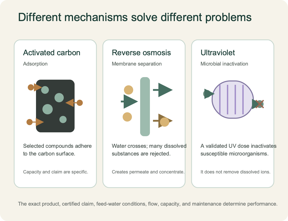 Three-panel diagram comparing activated-carbon adsorption, reverse-osmosis membrane separation, and ultraviolet microbial inactivation