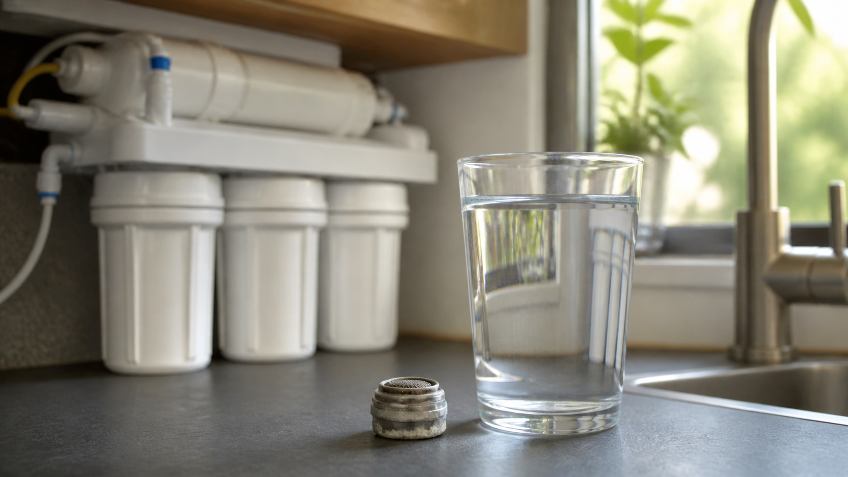 Clear glass of water beside an unbranded under-sink reverse-osmosis system and a faucet aerator with mineral scale