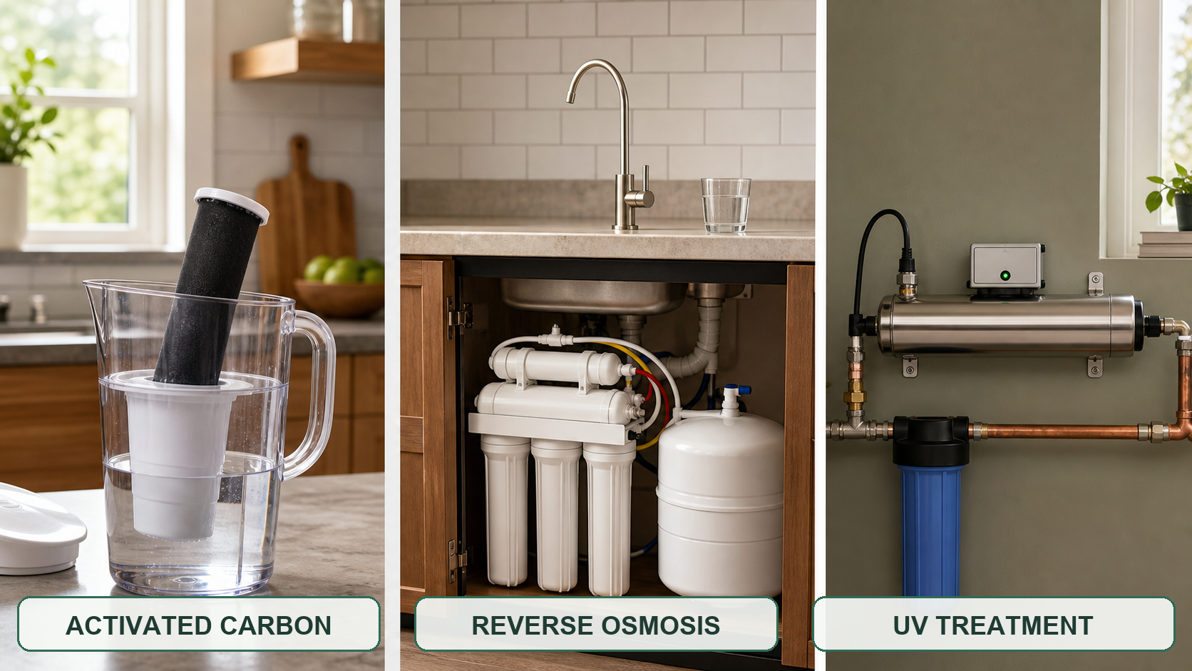 Three labeled panels showing an activated-carbon water pitcher, an under-sink reverse-osmosis system with storage tank, and an inline UV water-treatment chamber