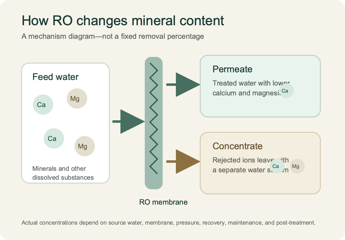 Diagram showing calcium and magnesium in feed water separating across a reverse-osmosis membrane into lower-mineral permeate and a concentrate stream